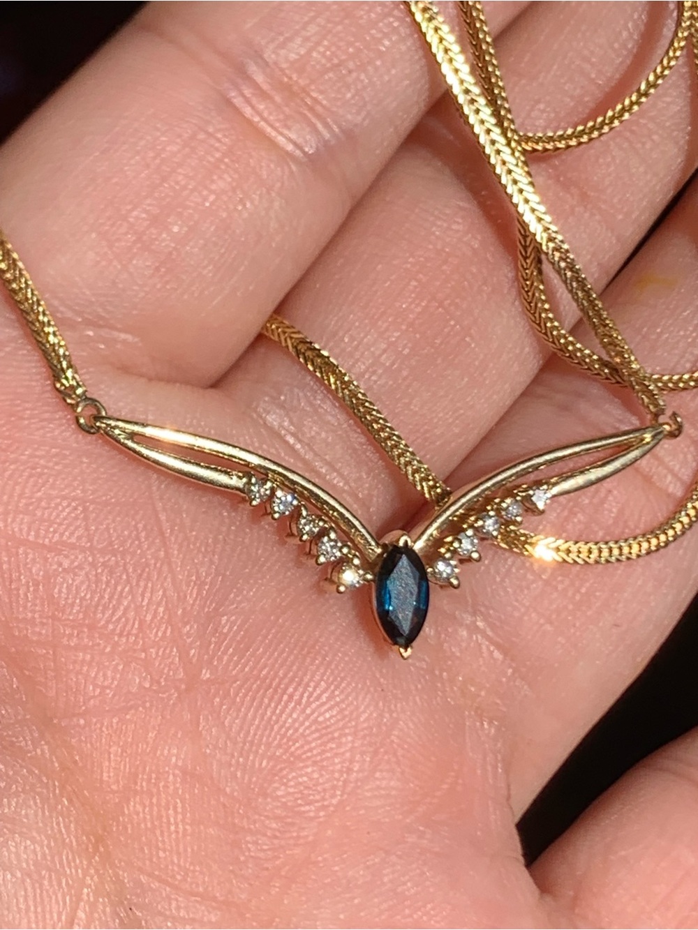 14k Gold Wing Necklace with Blue Sapphire Marquise Stone and Clear Diam Accents - Picture 2 of 11